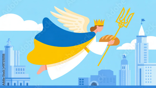 Angel with ukrainian flag wings flying over cityscape with bread and trident symbolizing protection and abundance in a vibrant stylized illustration