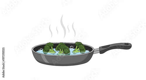 Steaming Broccoli Florets Simmering in a Frying Pan with Bubbles and Rising Steam, Isolated on White