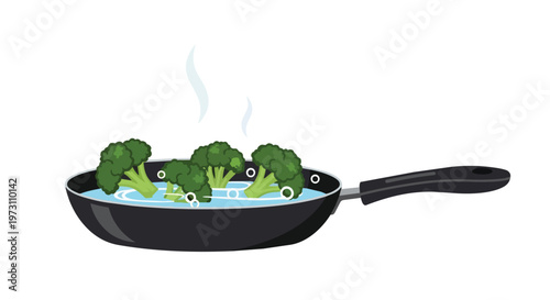 Vibrant green broccoli florets are gently simmering in a dark frying pan filled with bubbling water, releasing delicate steam.