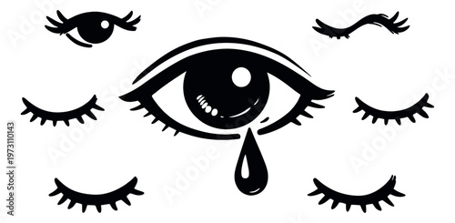 Hand drawn eye elements set featuring a crying eye and stylized eyelashes for beauty and emotion concepts
