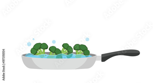 Fresh broccoli florets simmering gently in a shallow pan filled with clear water and subtle bubbles indicating heat