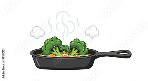 Steaming broccoli florets simmer gently in a cast iron skillet, creating an inviting culinary scene illustration