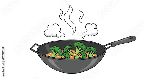 Steaming Broccoli florets simmering in a wok, emitting wisps of aromatic vapor