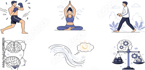 Healthy Lifestyle and Mental Balance Illustration Set Featuring Boxing Exercise, Yoga Meditation, Walking Activity, Brain Function Concepts, and Mind Wellness Design Elements