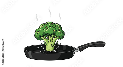 Animated broccoli florets steeping in a steaming black frying pan with bubbling water a simple cartoon illustration