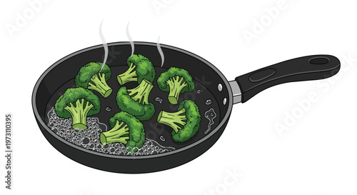 Vibrant broccoli florets sizzling and steaming in a black frying pan with bubbling liquid, a healthy cooking illustration