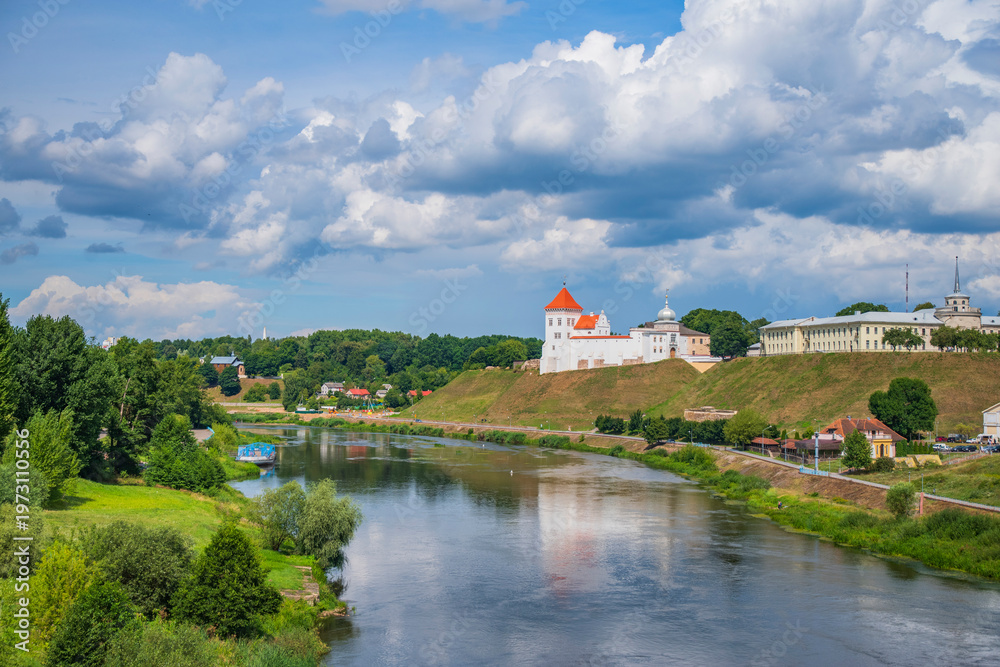 Obraz premium Old Castle in Grodno Belarus on the hill above Neman river with copy space