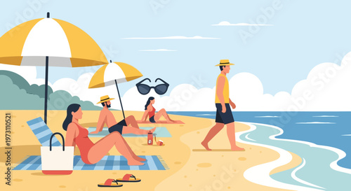 family beach vacation with colorful umbrellas and summer relaxation by the ocean