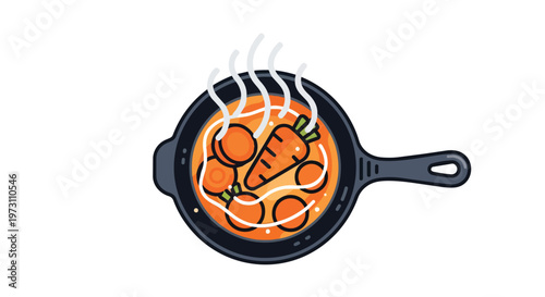 Whimsical illustration of steaming carrots simmering in a cast-iron skillet with a clean, minimalist aesthetic for culinary themes