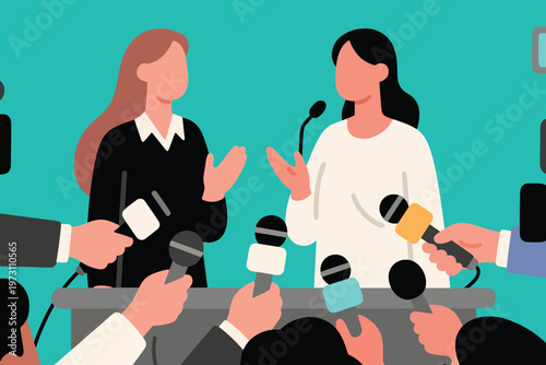 Two speakers at podium addressing microphones in press conference scene with teal background, stylized vector illustration.