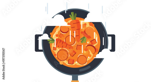 A Vibrant Illustration Depicting a Delicious Carrot Stew Simmering in a Skillet, Evoking Warmth and Culinary Delight with a Whimsical Touch