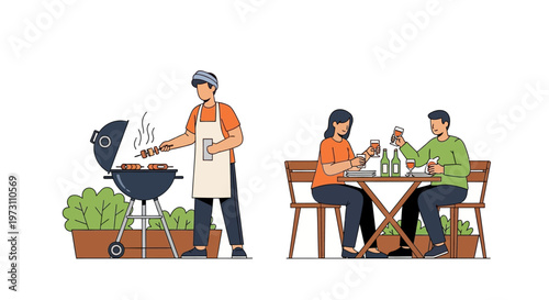 Cheerful family enjoying a healthy outdoor barbecue meal with fresh grilled vegetables. Ideal for lifestyle advertising, healthy eating campaigns, and summer promotions.