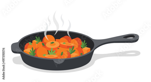 Illustration of freshly cooked carrots sizzling in a cast-iron skillet emitting gentle steam, perfect for culinary themes.