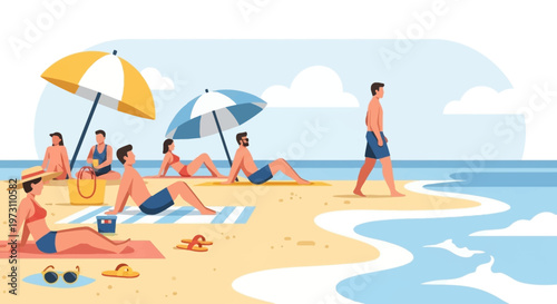 people relaxing on a sunny beach with umbrella and ocean view