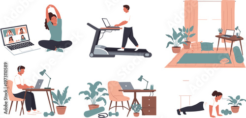 Home Workout and Remote Work Lifestyle Illustration Set Featuring Online Fitness Classes, Treadmill Exercise, Desk Work, Yoga Space, and Healthy Daily Routine Concepts
