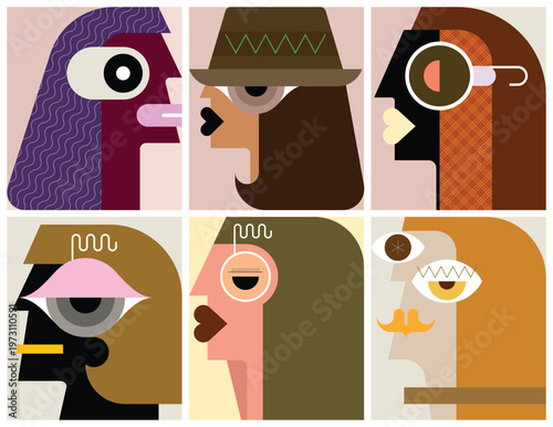 Vector graphic of 6 modern art portraits of different people. 