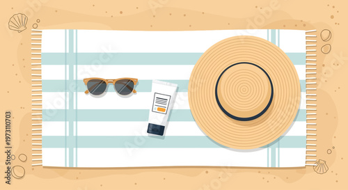 Overhead view of summer beach essentials including a straw hat, sunglasses, and sunscreen tube laid out on a striped towel on a sandy beach. Perfect for vacation and outdoor lifestyle concepts.