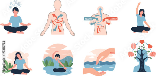Mental Health and Meditation Illustration Set Featuring Breathing Exercises, Yoga Poses, Mindfulness, Relaxation, and Emotional Wellness Concepts for Healthy Lifestyle Design