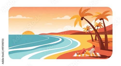 A lone man enjoys a serene sunset on a vibrant tropical beach, with palm trees and calm ocean waves. Ideal for travel, vacation, and relaxation themes.