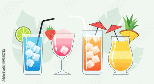 A vibrant selection of colorful tropical cocktails garnished with strawberry, lime, and pineapple slices, perfect for summer parties, advertising, and resort promotions.