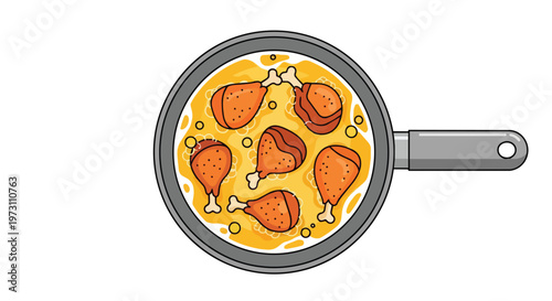 Culinary Delight: Sizzling Chicken Drumsticks Simmering in a Golden Gravy Within a Skillet, A Top-Down Perspective of a Delicious Meal Preparation.