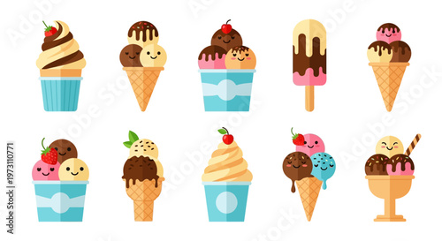 A vibrant collection of assorted ice cream desserts in cones and cups, featuring various flavors and toppings like strawberries, cherries, and chocolate drizzle. Ideal for summer promotions, food blog