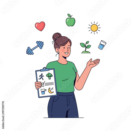 Healthy Lifestyle Balance: Woman with Checklist, Exercise, Nutrition, Sleep, and Wellness Icons