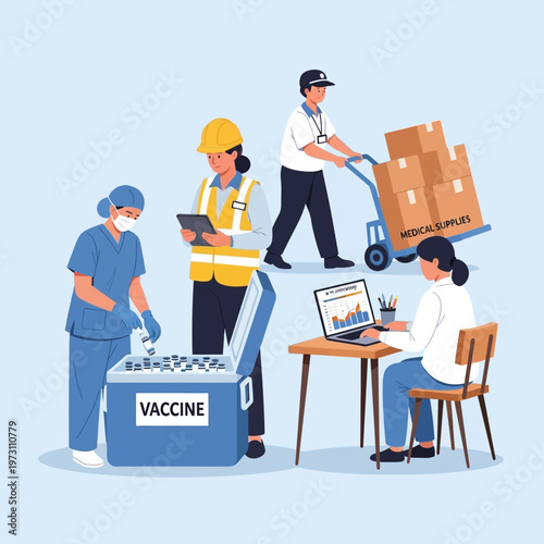 Healthcare workers, logistics, and data analysis in vaccine distribution