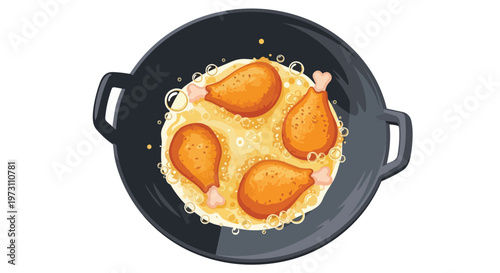 Crispy golden chicken legs bubbling in a black frying pan with sizzling oil and airborne droplets showing delicious deep frying action on a clean