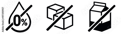 Simple line art dietary icons set featuring no fat, no sugar, and no dairy symbols for product packaging and healthy eating information