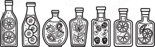 Set of decorative wine bottles and glasses with intricate floral designs Vector