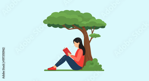 Young Woman Reading a Book Under a Lush Green Tree on a Light Blue Background