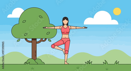 Woman practicing yoga tree pose outdoors on green landscape with sun and clouds