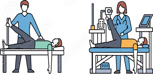 Physical Therapy and Rehabilitation Illustration Set Featuring Therapist Assisted Leg Exercise and Medical Treatment Session with Equipment for Healthcare and Recovery Design
