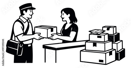 Hand drawn line art illustration of a postman and a woman depicting a package handover for delivery service