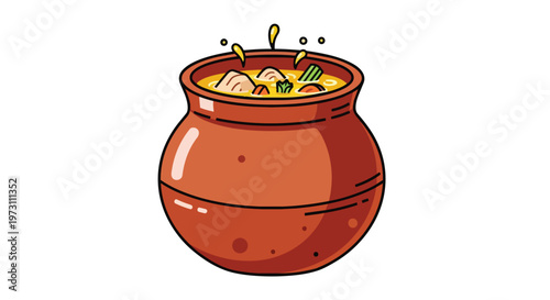 Warm, bubbling stew in a rustic earthenware pot, evoking hearty meals and traditional cooking methods