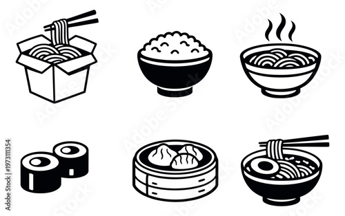 Line art asian food icons set featuring noodles, rice, sushi, and dumplings for menus and food delivery apps