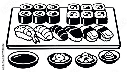 Hand drawn line art sushi and sashimi set featuring various rolls, nigiri, and condiments for a Japanese restaurant menu
