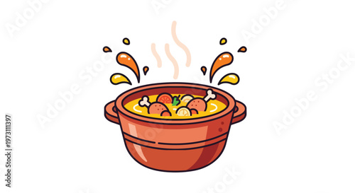 Whimsical Cartoon Illustration of a Deliciously Steaming Pot of Hearty Chicken Stew
