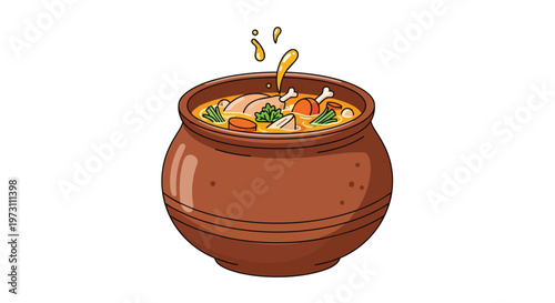 Wholesome, hearty chicken stew simmering in a rustic clay pot, perfect for a comforting meal