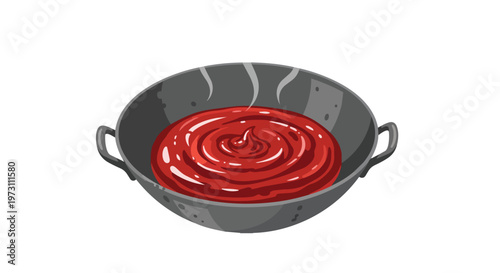 A warm bowl of vibrant red tomato sauce simmering gently, releasing wisps of steam in a culinary delight illustration