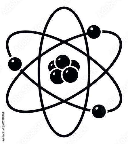 Line art illustration of an atom model depicting electrons orbiting a nucleus for science education