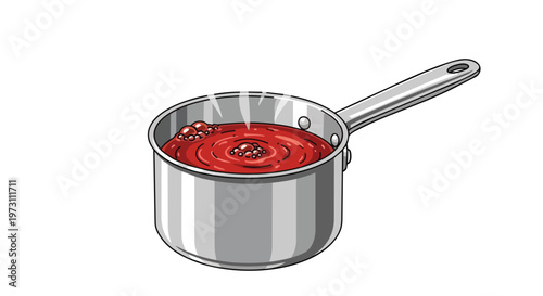 Illustration of a silver saucepan filled with bubbling red liquid, emitting wisps of steam