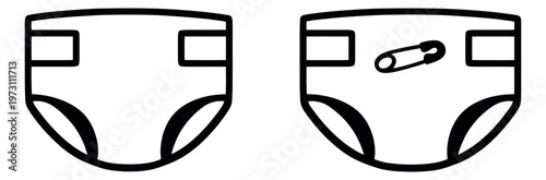 Hand drawn line art baby diaper set featuring a plain diaper and one with a safety pin for newborn care