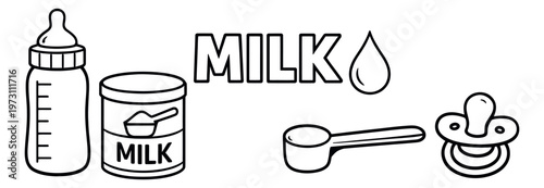 Line art baby feeding set featuring a bottle, powdered milk can, scoop, milk drop, and pacifier for newborn care