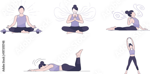 Yoga and Relaxation Exercise Illustration Set Featuring Meditation, Breathing Techniques, Stretching Poses, and Home Fitness Wellness Routine for Healthy Lifestyle Design