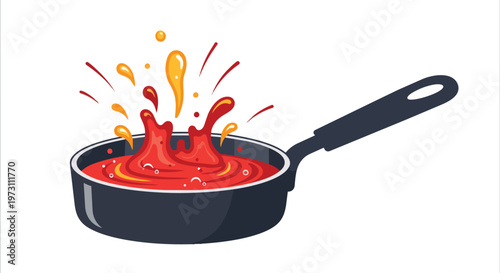 Vibrant cooking illustration depicting a dynamic red liquid splashing vigorously within a dark frying pan