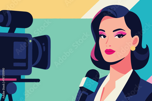 News reporter with microphone and video camera on pastel geometric background, stylized vector illustration.