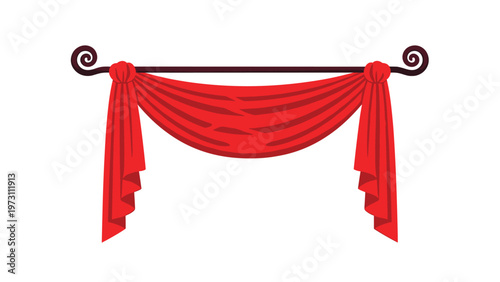 Elegant red draped curtain valance hanging from a dark brown ornate rod against a clean white background for interior decor.