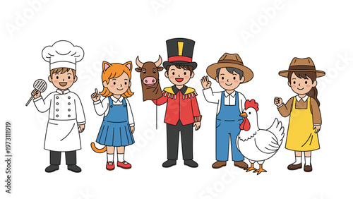 Group of cute kids dressed in various professional costumes including a chef farmer circus ringmaster and cat girl.